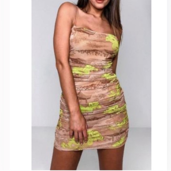 Missguided Brown Yellow Ruched Mini Dress With  Asian Style Dragon Print US 4 - Picture 1 of 6
